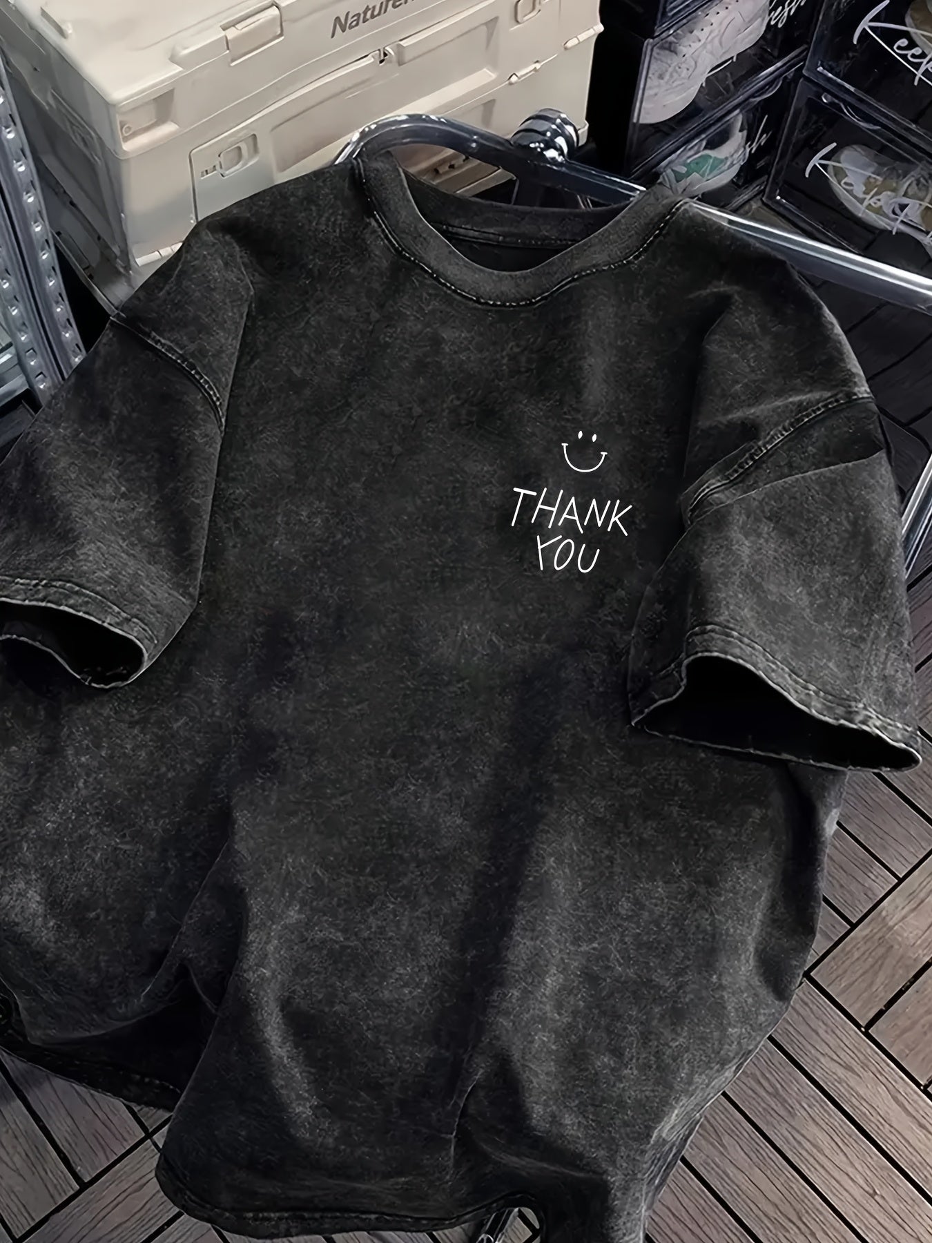 Men’s Heavyweight Vintage T-Shirt with Smile Graphic – Oversized Dark Grey Tee