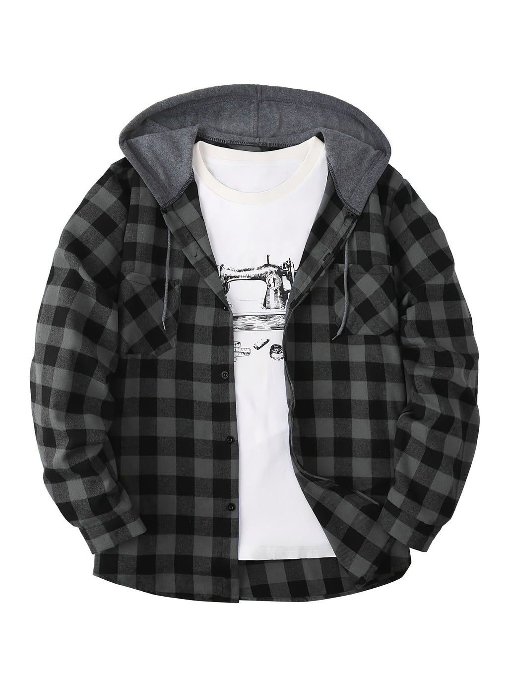 Men’s Plaid Hooded Jacket – Button-Front Checkered Fall/Winter Shirt Coat
