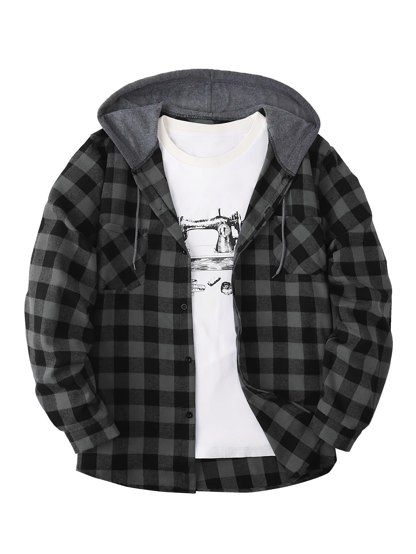 Men’s Plaid Hooded Jacket – Button-Front Checkered Fall/Winter Shirt Coat
