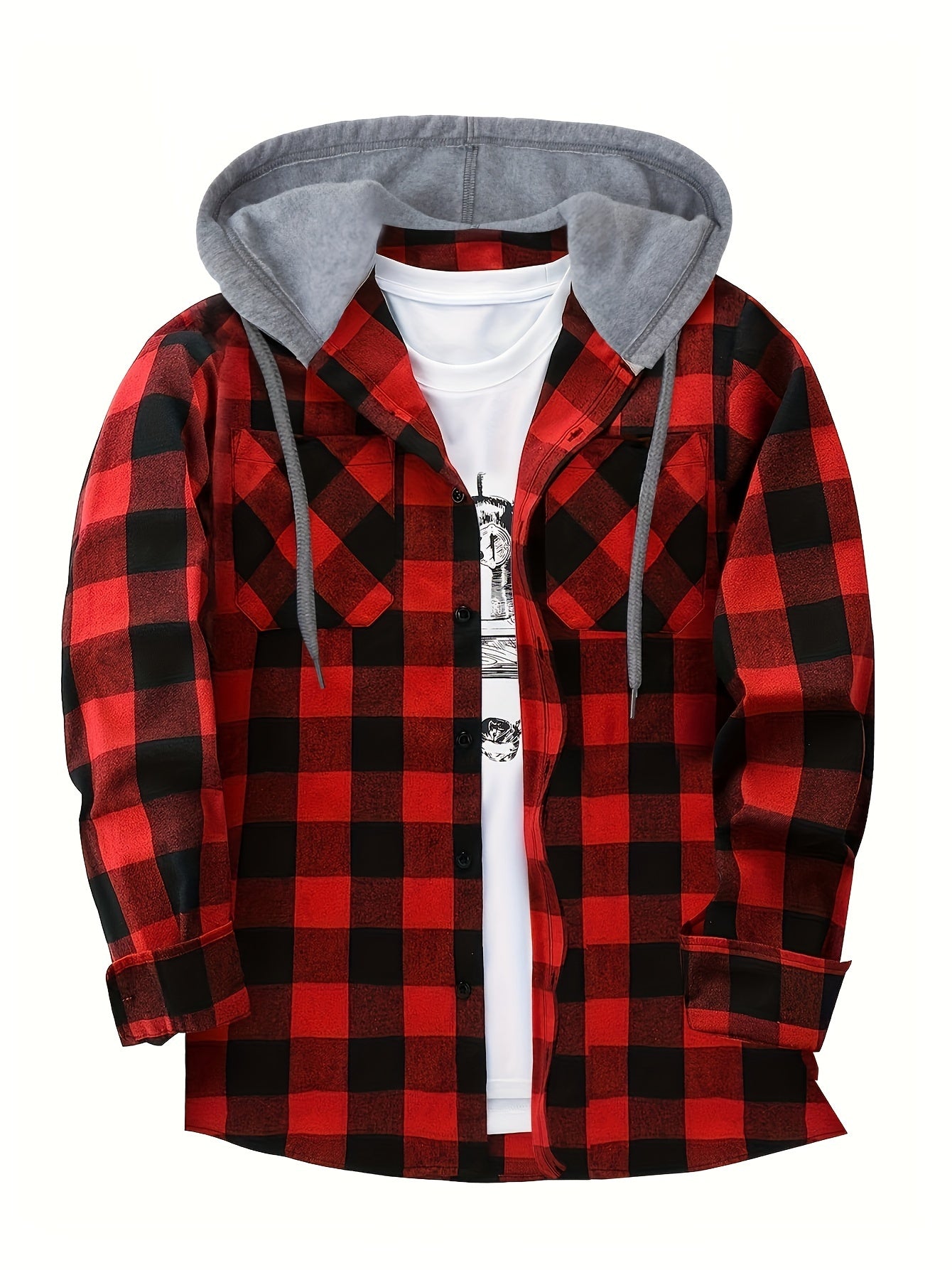 Men’s Plaid Hooded Jacket – Button-Front Checkered Fall/Winter Shirt Coat
