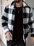 Men’s Plaid Plush Fleece Jacket – Black & White Button-Up Winter Outerwear