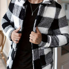Men’s Plaid Plush Fleece Jacket – Black & White Button-Up Winter Outerwear