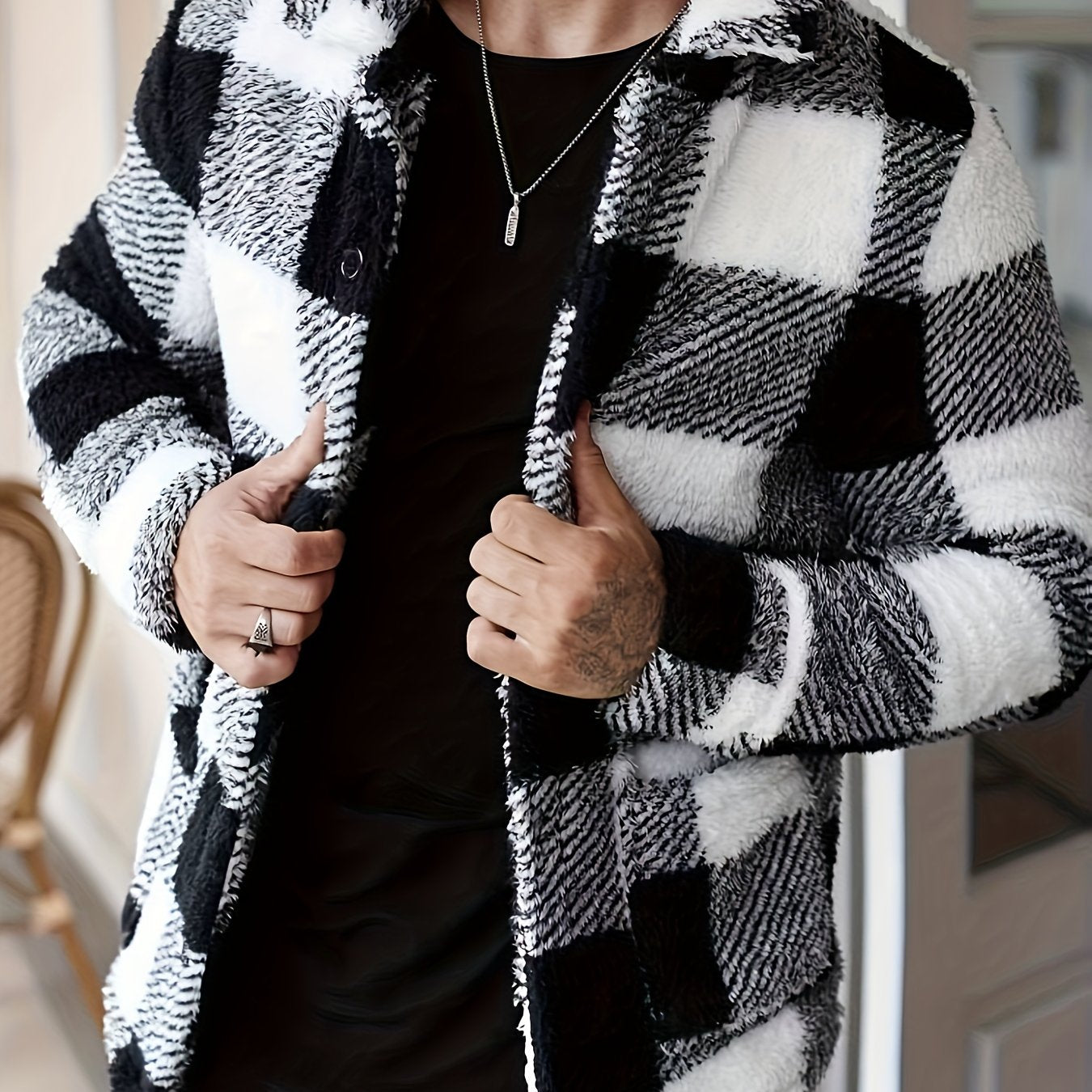 Men’s Plaid Plush Fleece Jacket – Black & White Button-Up Winter Outerwear