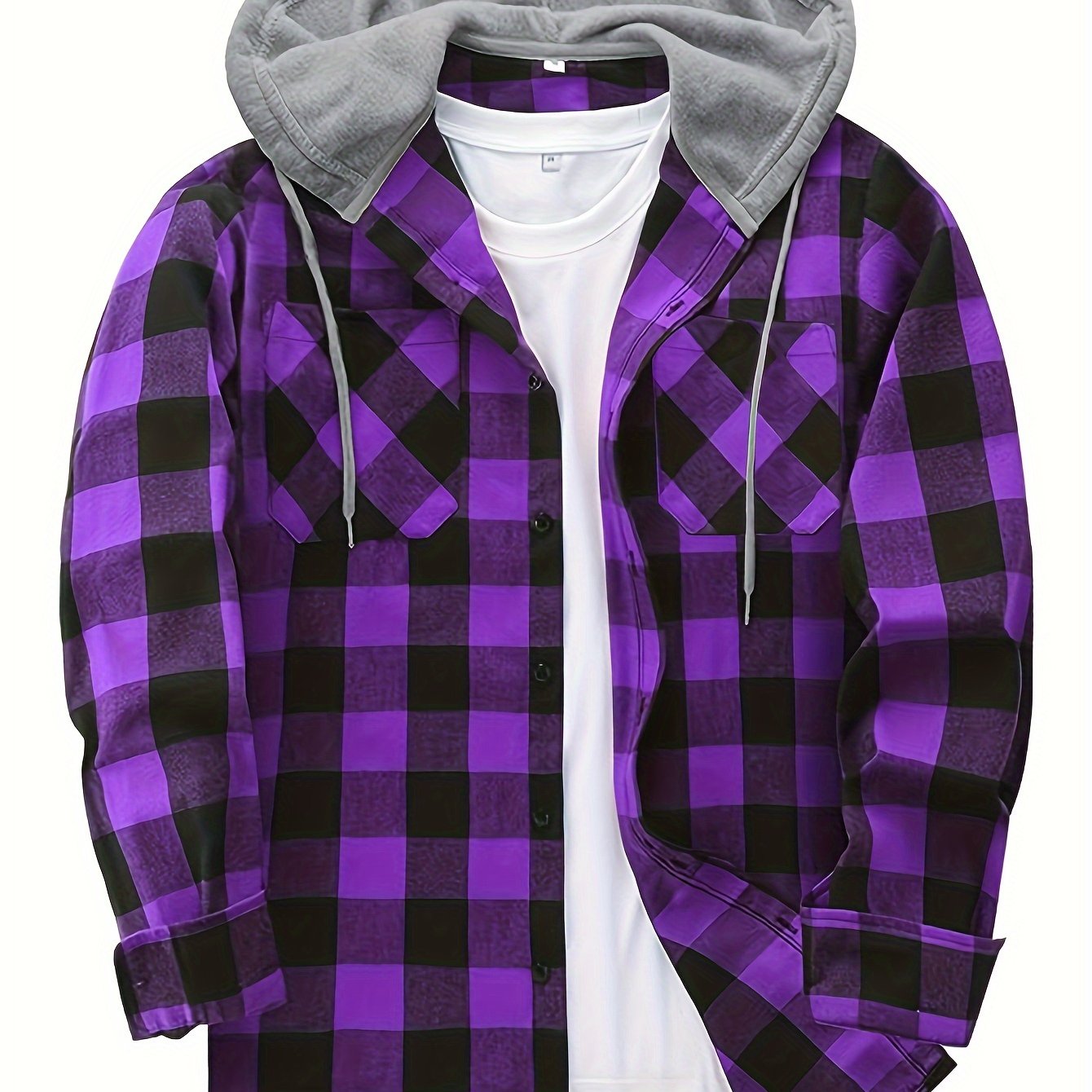 Men’s Plaid Hooded Jacket – Button-Front Checkered Fall/Winter Shirt Coat