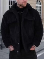 Men’s Plush Winter Coat – Grey Soft Collar Jacket with Single-Breasted Buttons