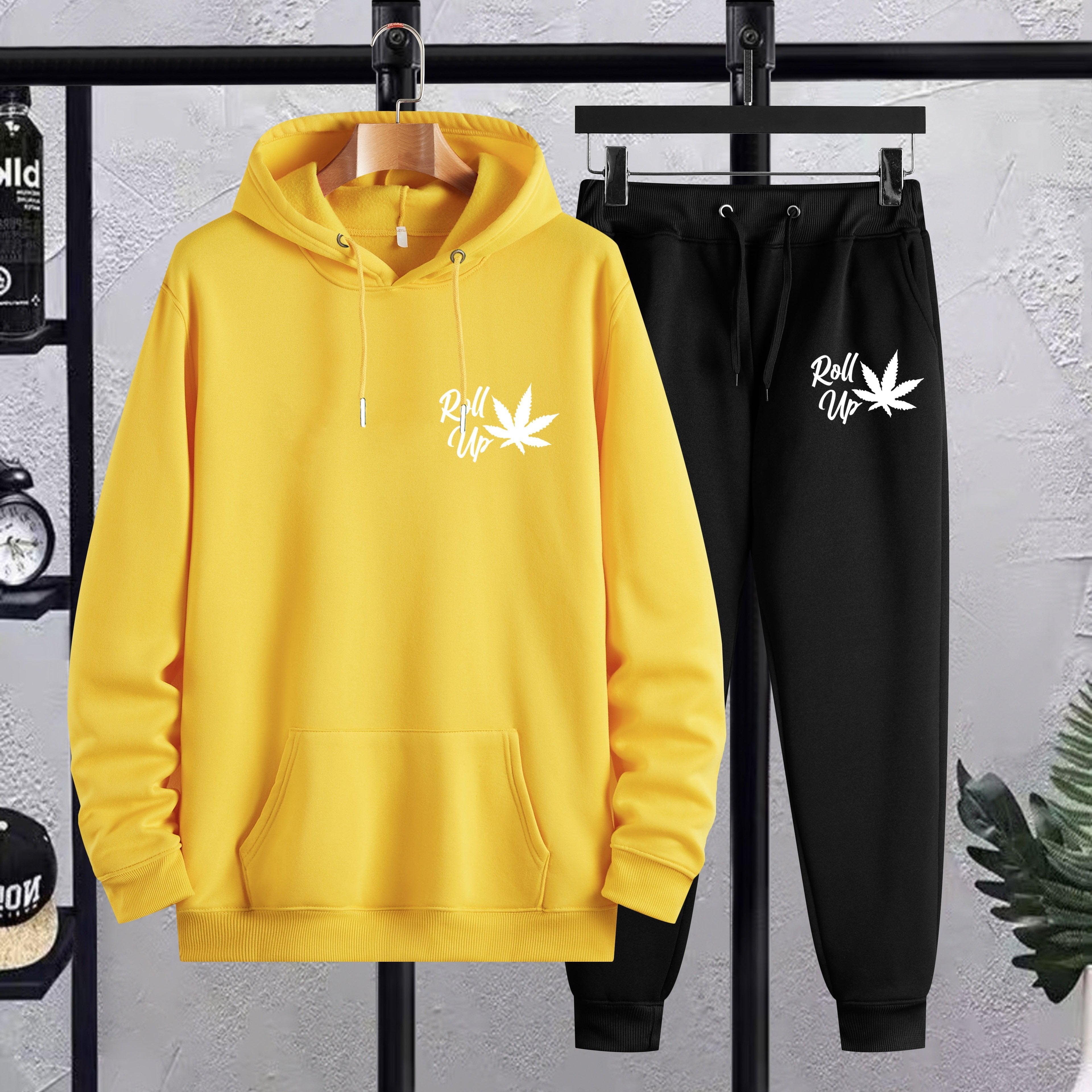 Plus Size Men’s Leaf & Roll Up Print Hoodie + Sweatpants Set