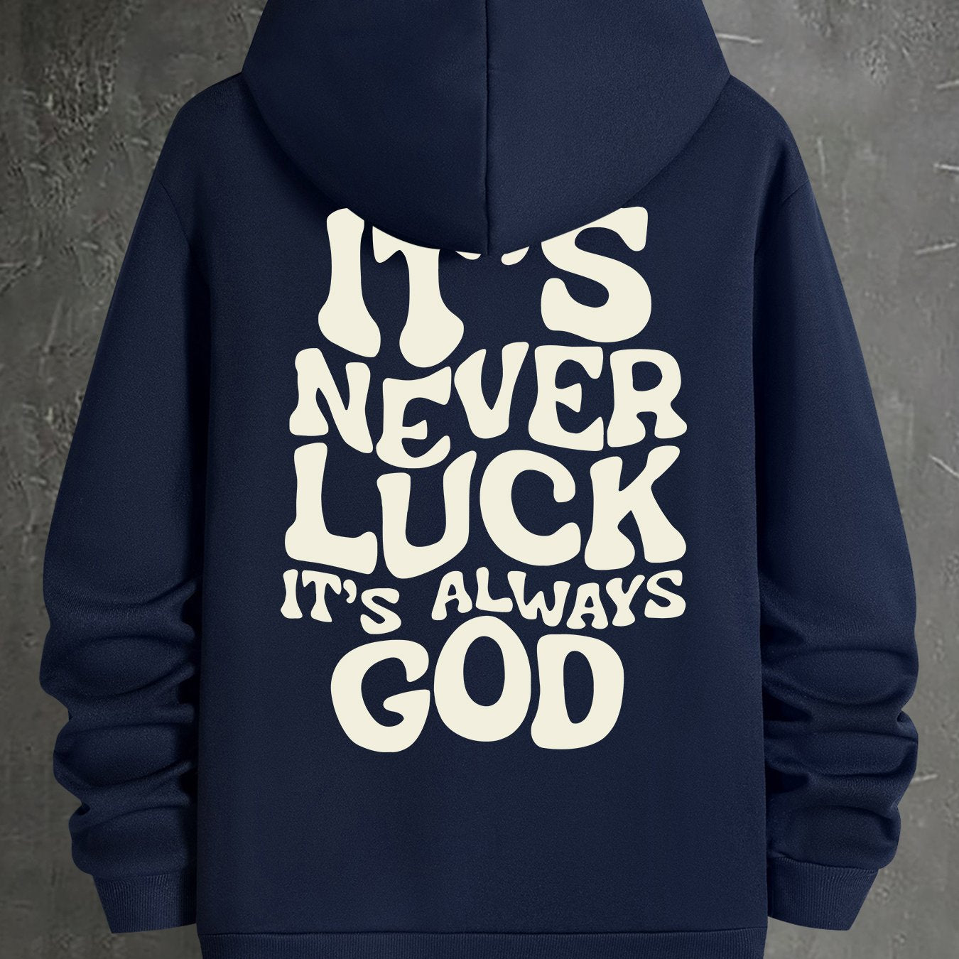 Men’s Navy Graphic Hoodie – “It’s Never Luck, It’s Always God” Geometric Pullover