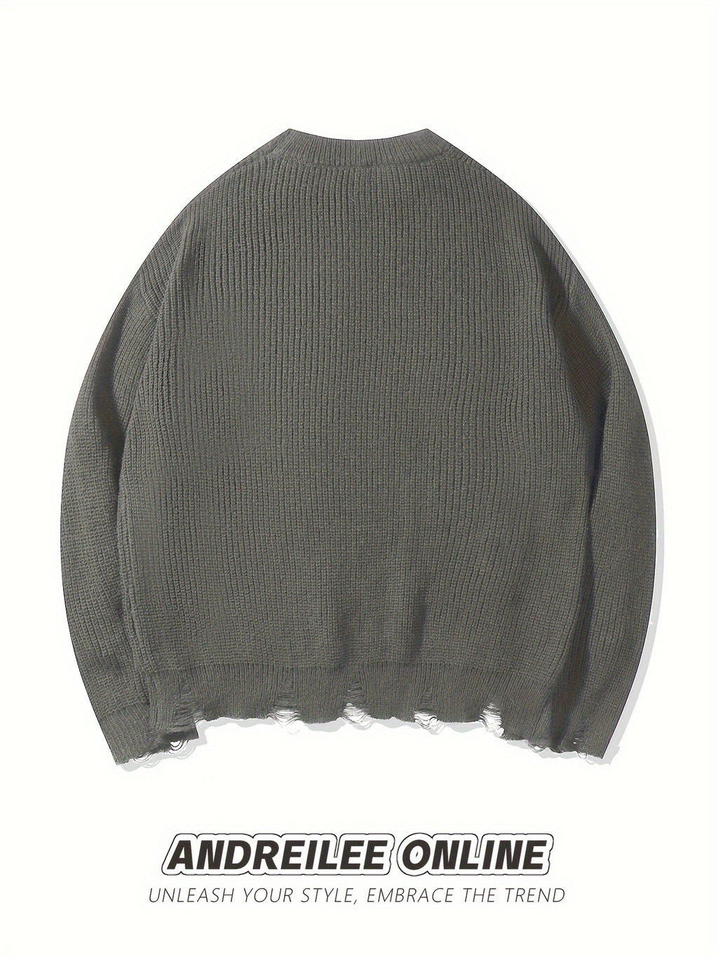 Unisex Distressed Sweater – Frayed Hem & Sleeves Loose Knit Street Pullover