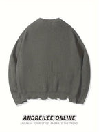 Unisex Distressed Sweater – Frayed Hem & Sleeves Loose Knit Street Pullover