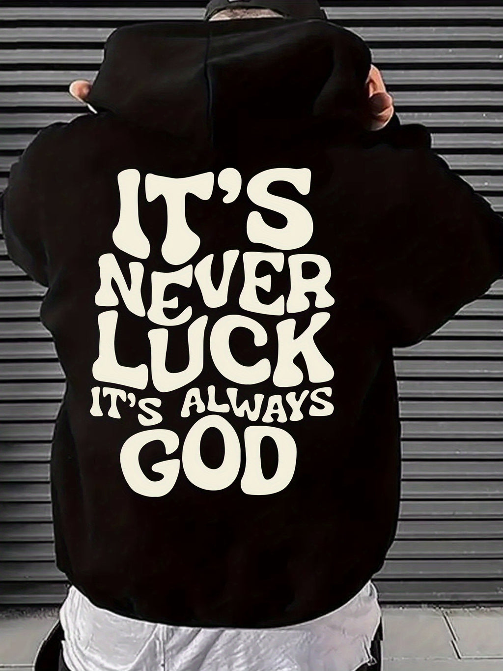 Men’s Navy Graphic Hoodie – “It’s Never Luck, It’s Always God” Geometric Pullover