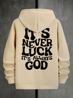 Men’s Navy Graphic Hoodie – “It’s Never Luck, It’s Always God” Geometric Pullover