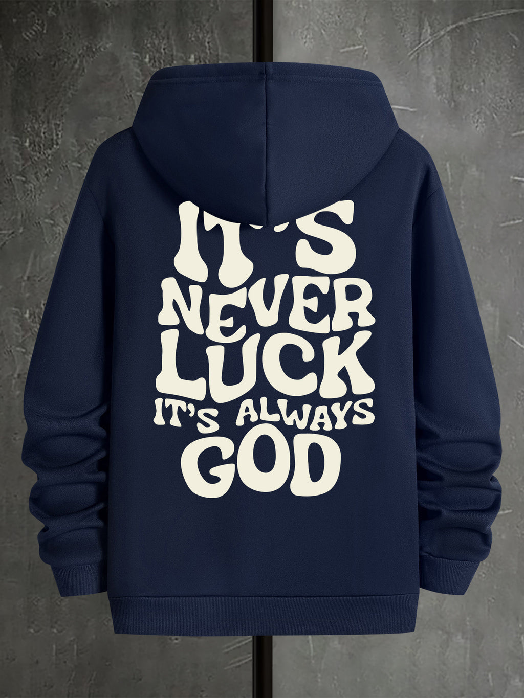 Men’s Navy Graphic Hoodie – “It’s Never Luck, It’s Always God” Geometric Pullover