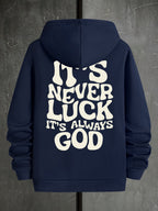 Men’s Navy Graphic Hoodie – “It’s Never Luck, It’s Always God” Geometric Pullover