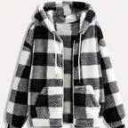 Women’s Checkered Plush Fleece Jacket – Mustard Yellow Zip-Up Winter Coat