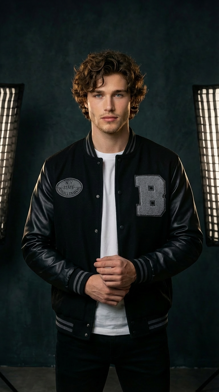Men’s Black Baseball Jacket with Letter B – Vintage Varsity Outerwear, Polyester Lining
