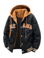 Men’s Letter Embroidery Winter Hooded Jacket – 2025 Faux Two-Piece Street Coat