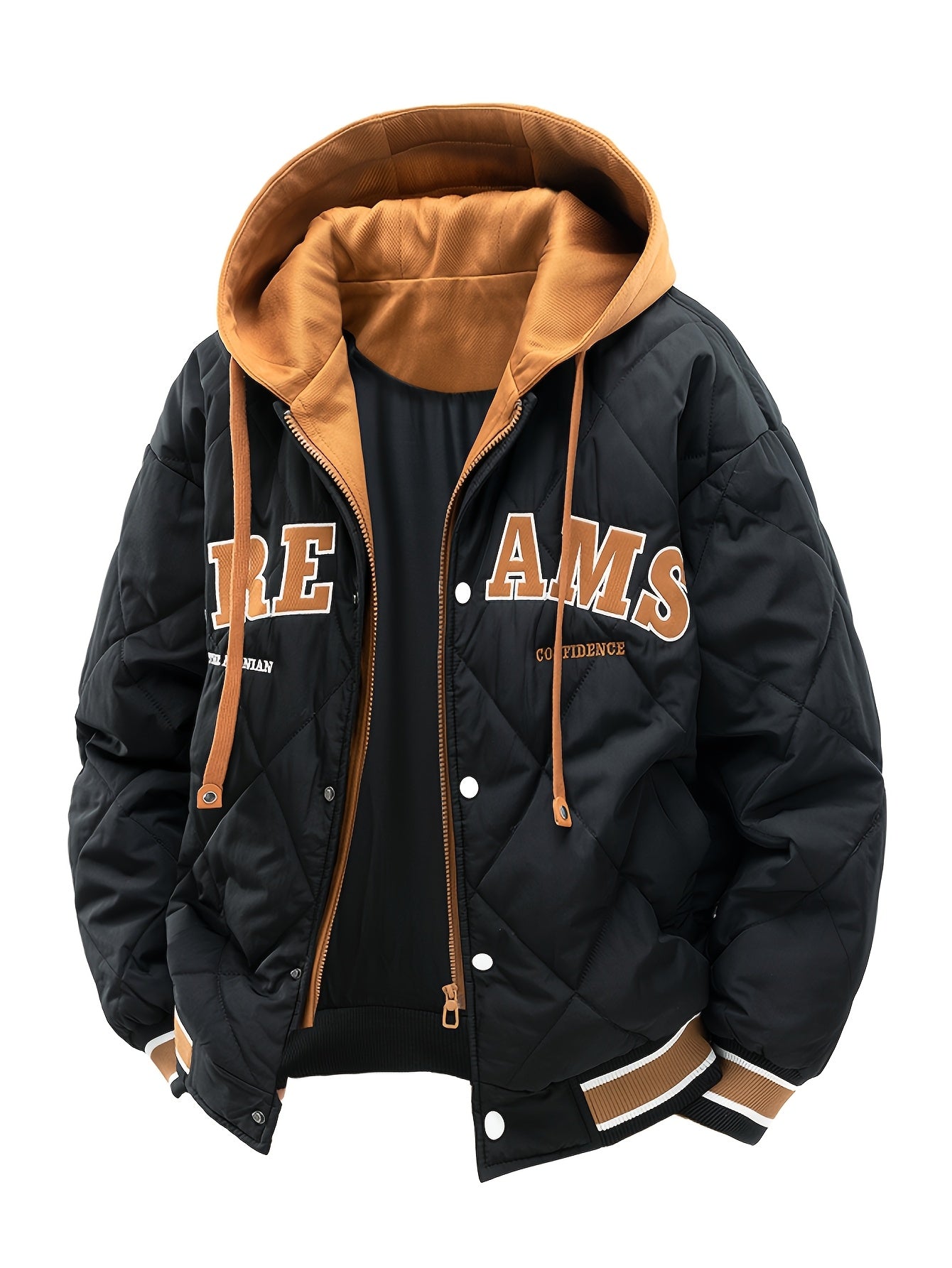 Men’s Letter Embroidery Winter Hooded Jacket – 2025 Faux Two-Piece Street Coat