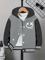 Funny Face Graphic Hoodie Jacket – Loose Fit Contrast Zip-Up Winter Outerwear