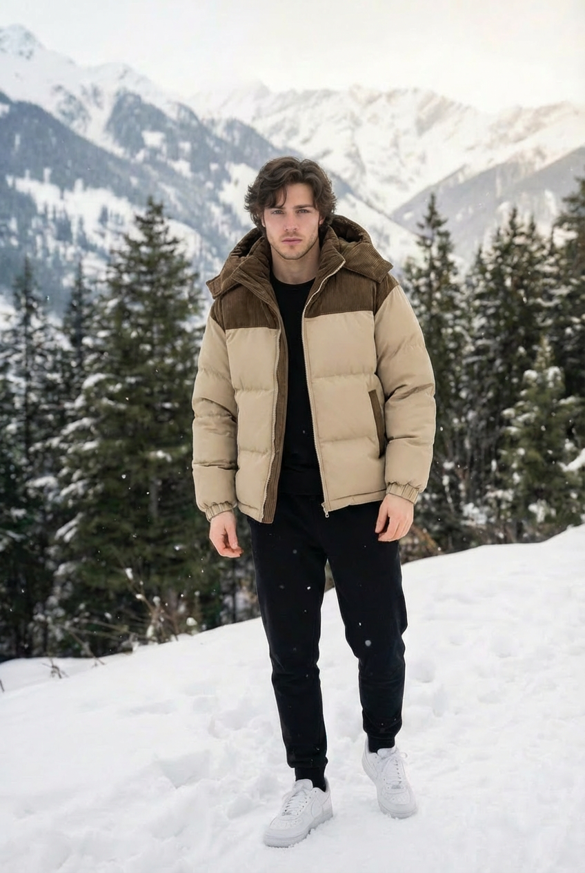 Men’s Heavyweight Black Puffer Block Winter Jacket – Hooded Full-Zip Outdoor Coat