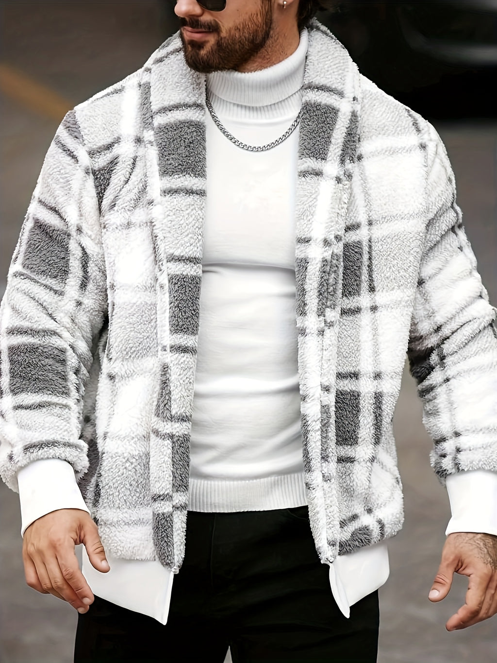 Men’s Plush Checkered Jacket – Black & Yellow Soft Thermal Fall/Winter Coat