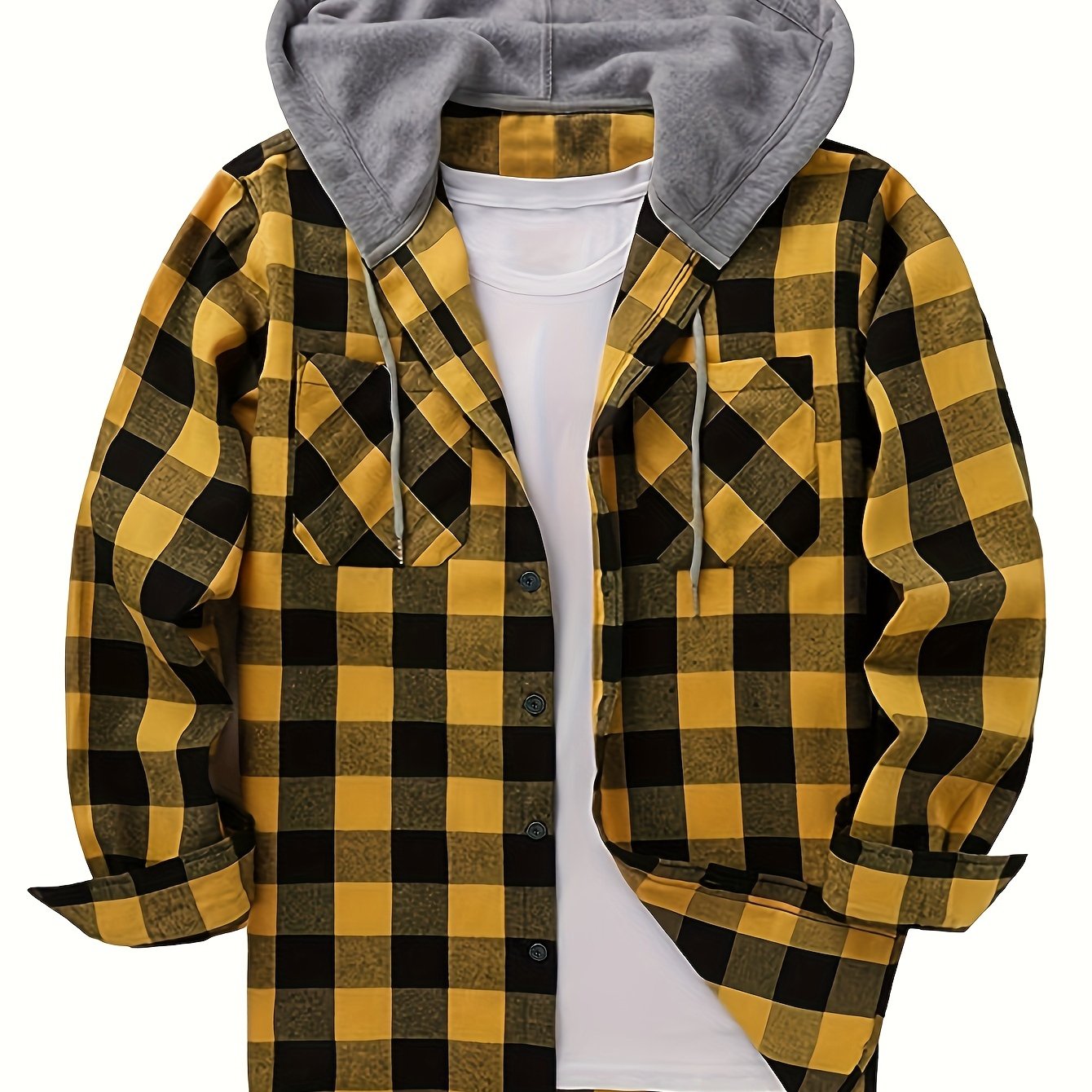Men’s Plaid Hooded Jacket – Button-Front Checkered Fall/Winter Shirt Coat