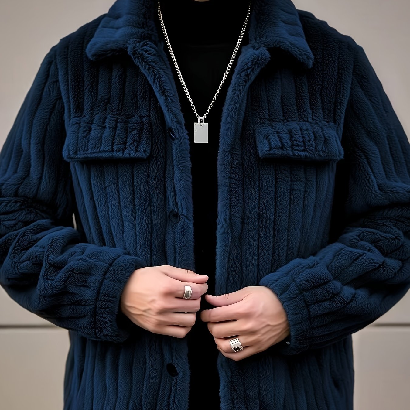 Men’s Plush Winter Coat – Grey Soft Collar Jacket with Single-Breasted Buttons