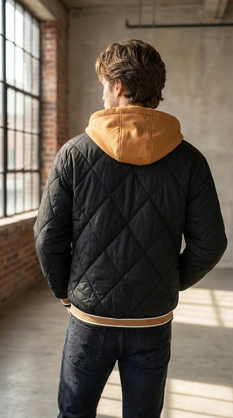 Men’s Letter Embroidery Winter Hooded Jacket – 2025 Faux Two-Piece Street Coat