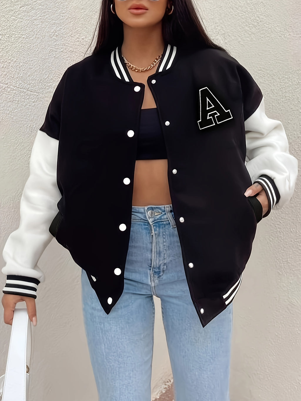 Women’s Black & Beige Letter A Baseball Jacket – Button-Up, Functional Pockets, Fall/Winter Outerwear