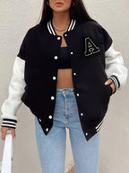 Women’s Black & Beige Letter A Baseball Jacket – Button-Up, Functional Pockets, Fall/Winter Outerwear