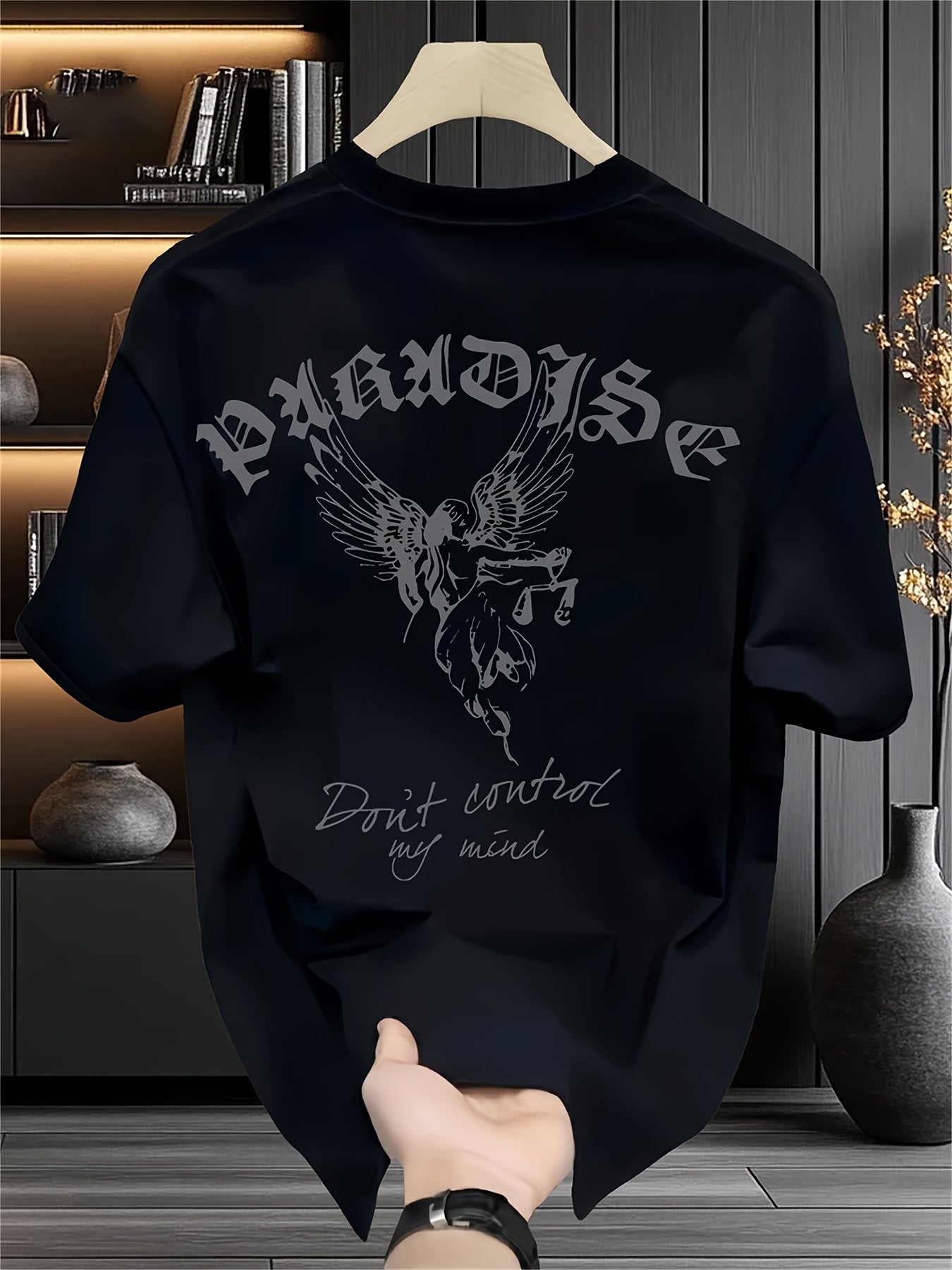 Men’s Heavyweight Graphic Tee – Gothic Lettering & Winged Justice Design