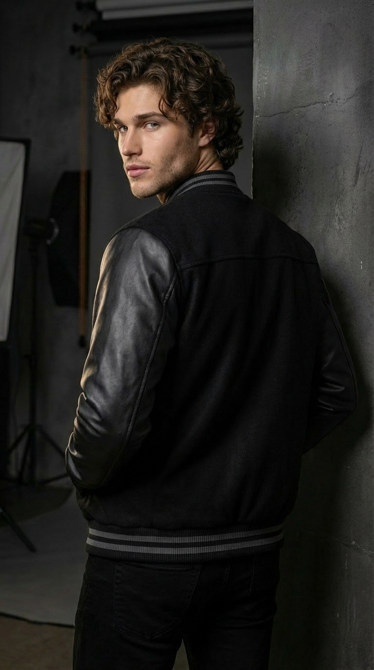 Men’s Black Baseball Jacket with Letter B – Vintage Varsity Outerwear, Polyester Lining