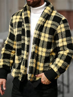Men’s Plush Checkered Jacket – Black & Yellow Soft Thermal Fall/Winter Coat