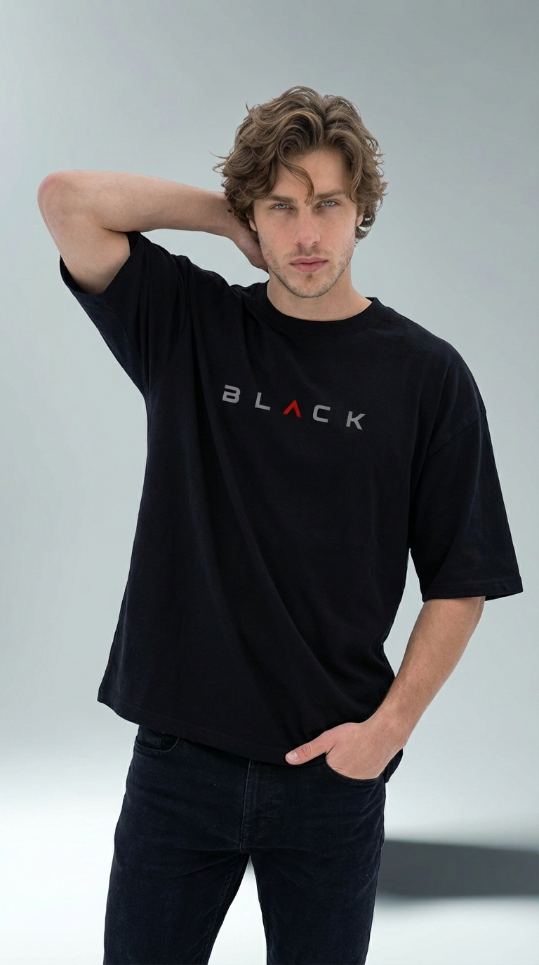 Men’s Large Black T-Shirt with “Black” Print – Breathable 100% Cotton Summer Tee
