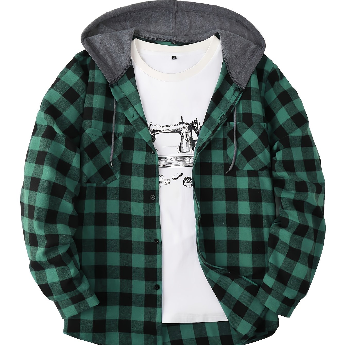 Men’s Plaid Hooded Jacket – Button-Front Checkered Fall/Winter Shirt Coat