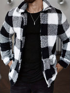 Men’s Plaid Plush Fleece Jacket – Black & White Button-Up Winter Outerwear