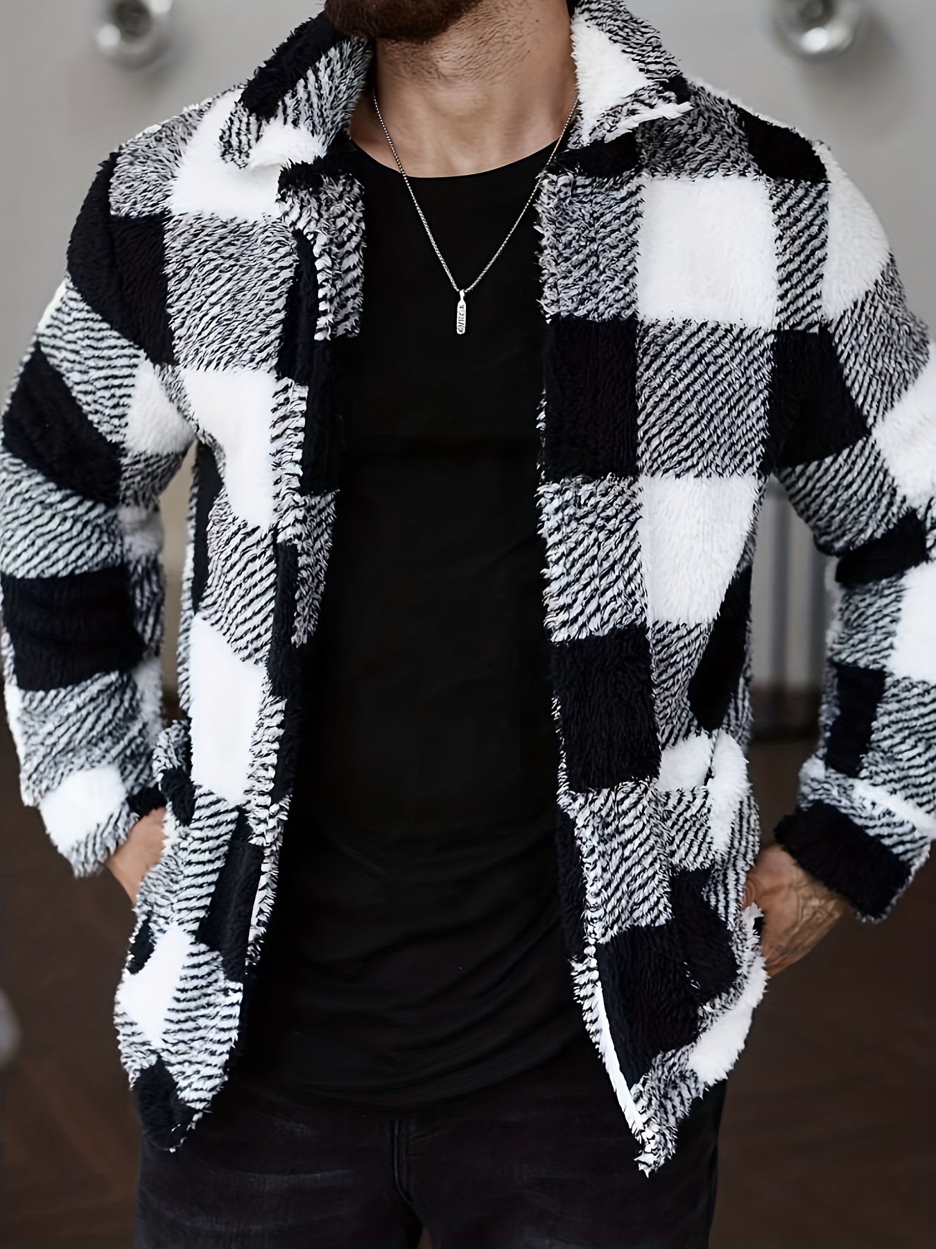 Men’s Plaid Plush Fleece Jacket – Black & White Button-Up Winter Outerwear