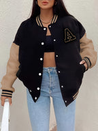 Women’s Black & Beige Letter A Baseball Jacket – Button-Up, Functional Pockets, Fall/Winter Outerwear