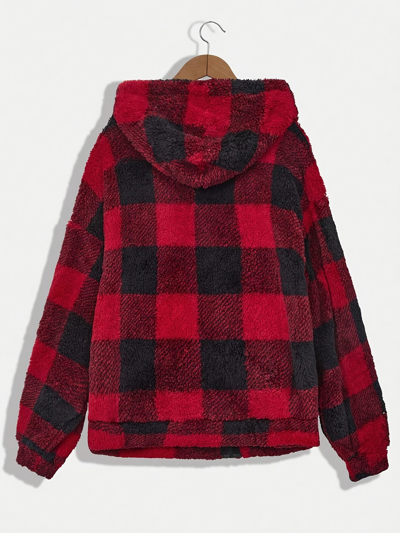 Women’s Checkered Plush Fleece Jacket – Mustard Yellow Zip-Up Winter Coat