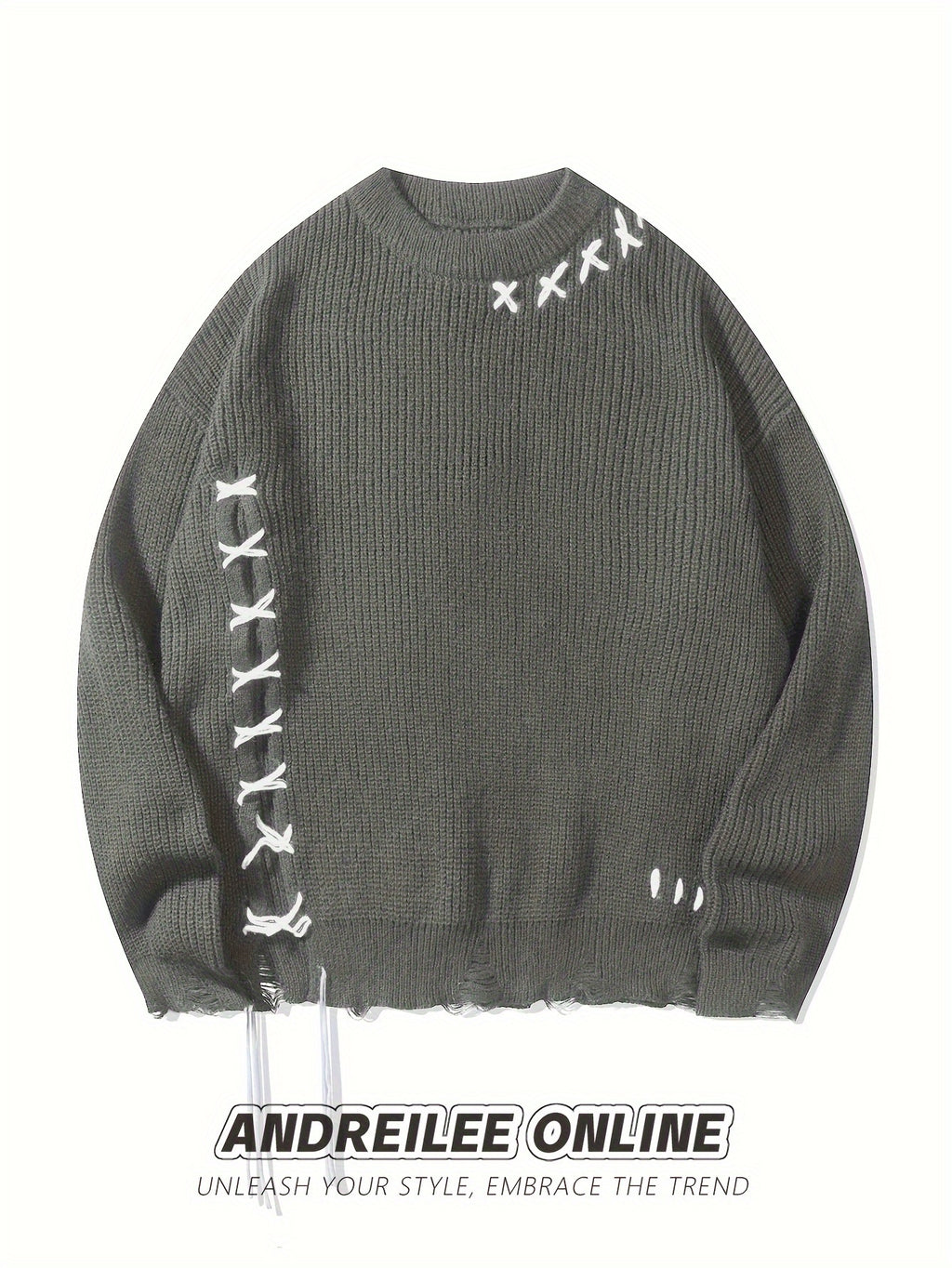 Unisex Distressed Sweater – Frayed Hem & Sleeves Loose Knit Street Pullover