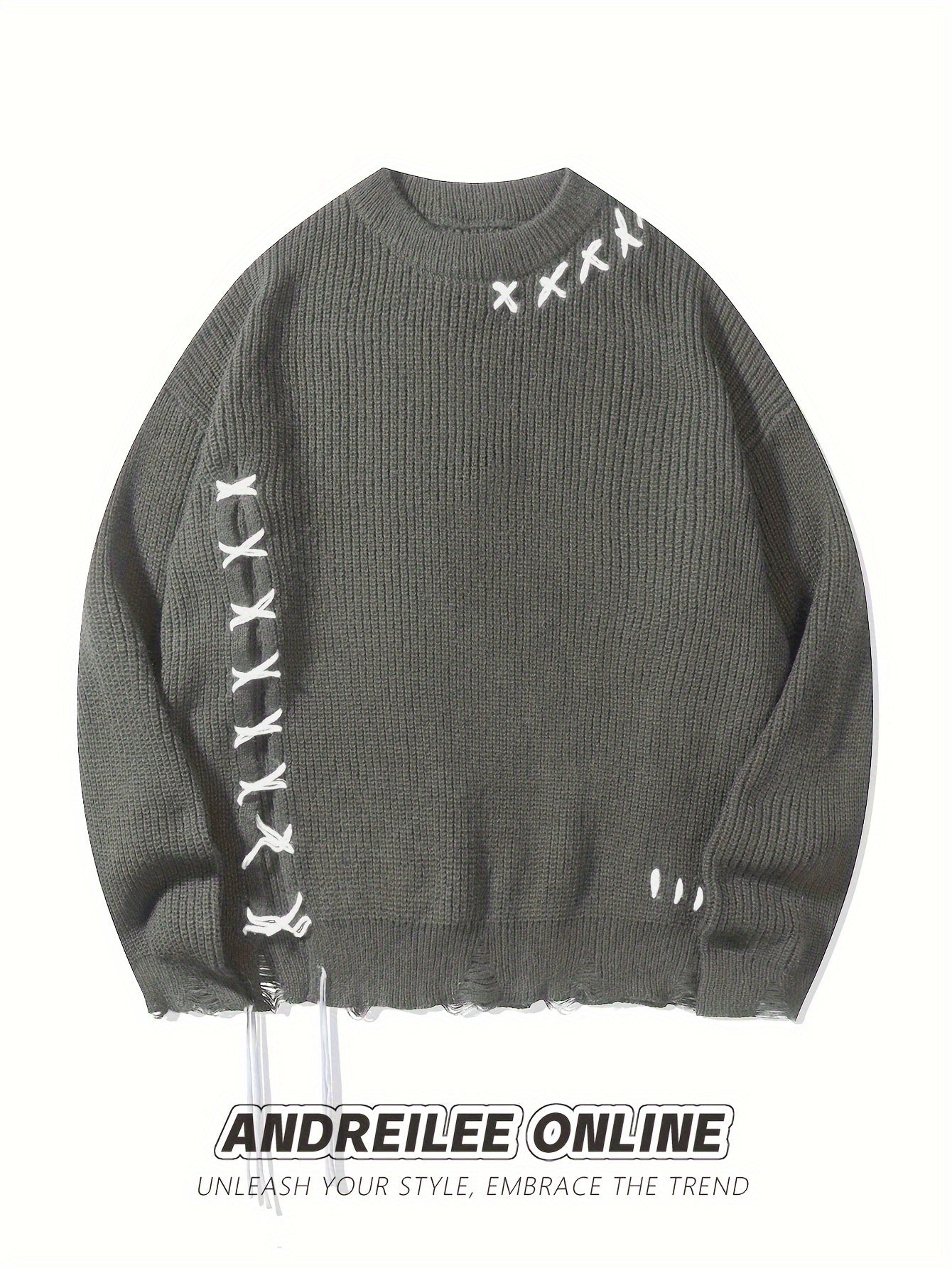 Unisex Distressed Sweater – Frayed Hem & Sleeves Loose Knit Street Pullover