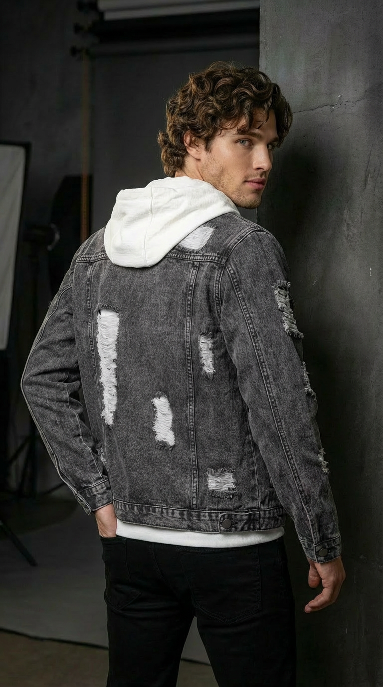 Men’s Distressed Slim-Fit Denim Jacket – Frayed Streetwear Workwear