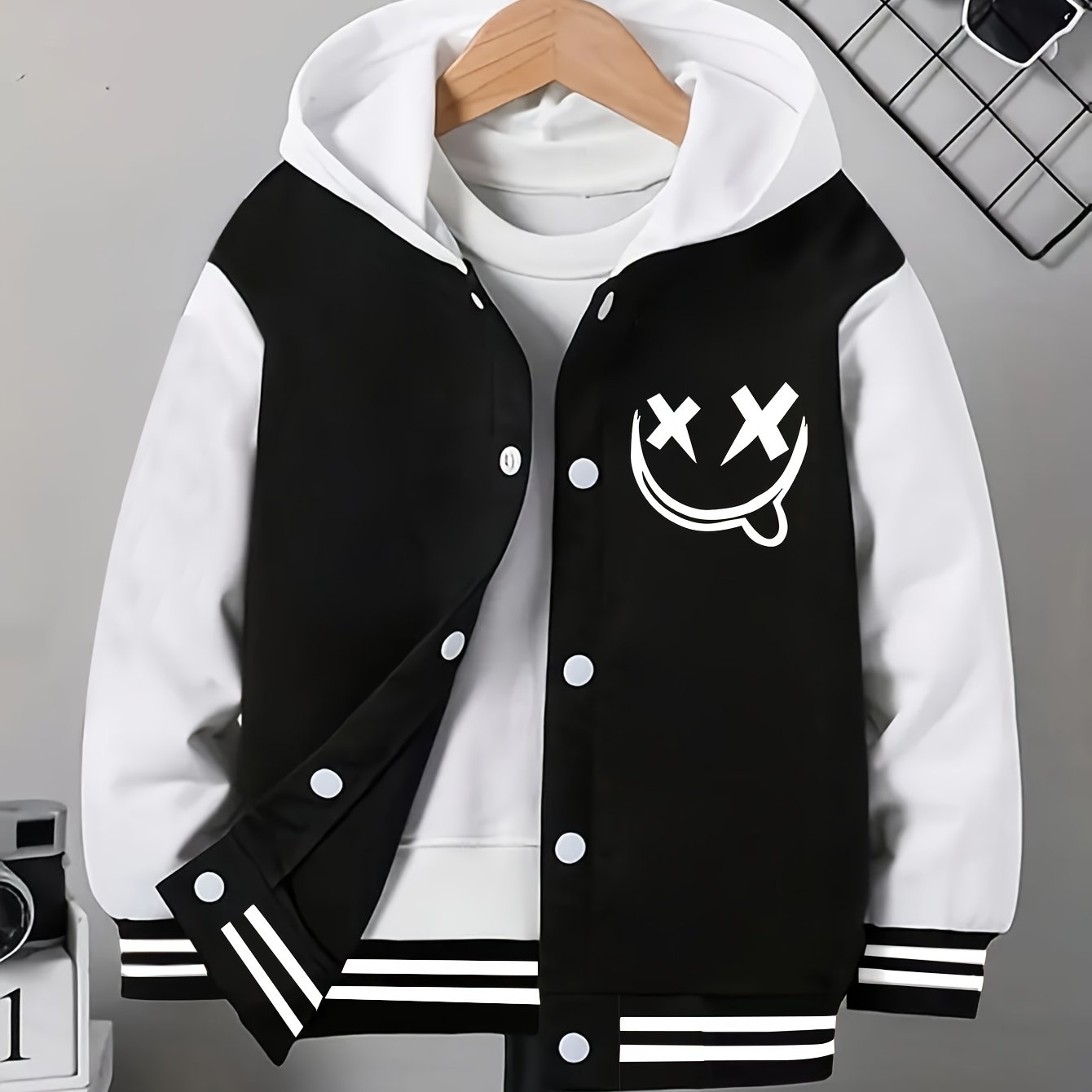 Funny Face Graphic Hoodie Jacket – Loose Fit Contrast Zip-Up Winter Outerwear