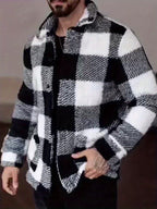 Men’s Plaid Plush Fleece Jacket – Black & White Button-Up Winter Outerwear