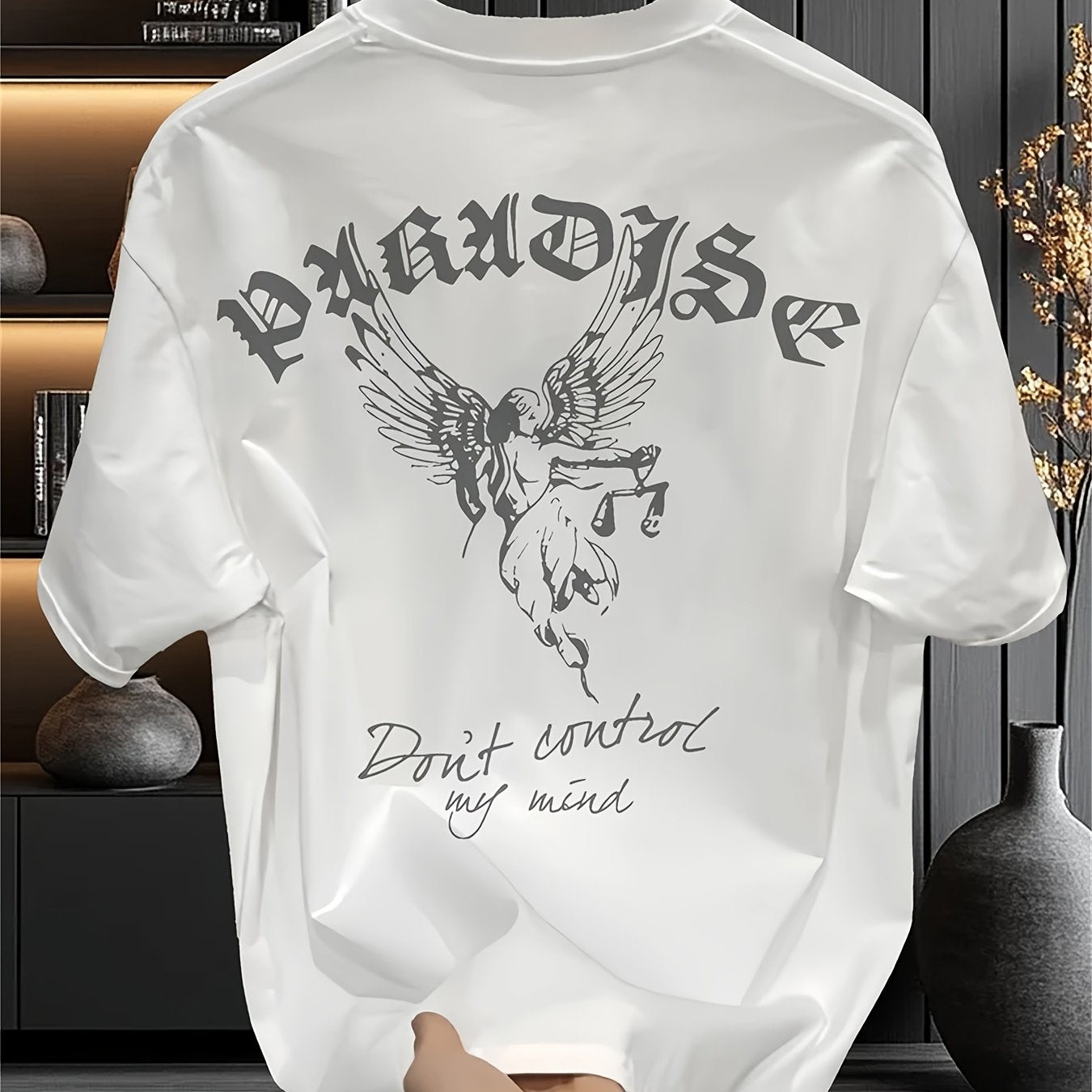 Men’s Heavyweight Graphic Tee – Gothic Lettering & Winged Justice Design