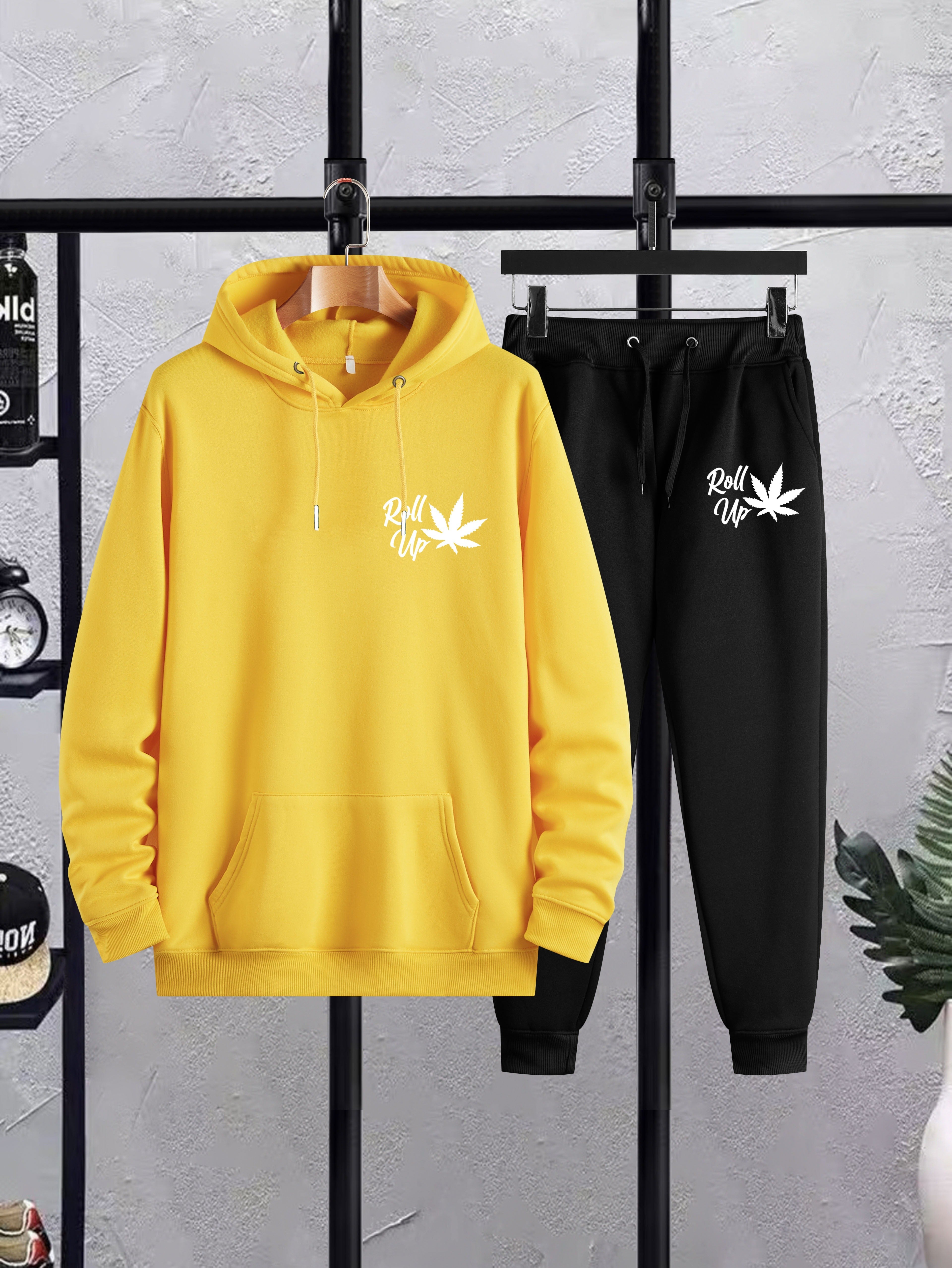 Plus Size Men’s Leaf & Roll Up Print Hoodie + Sweatpants Set