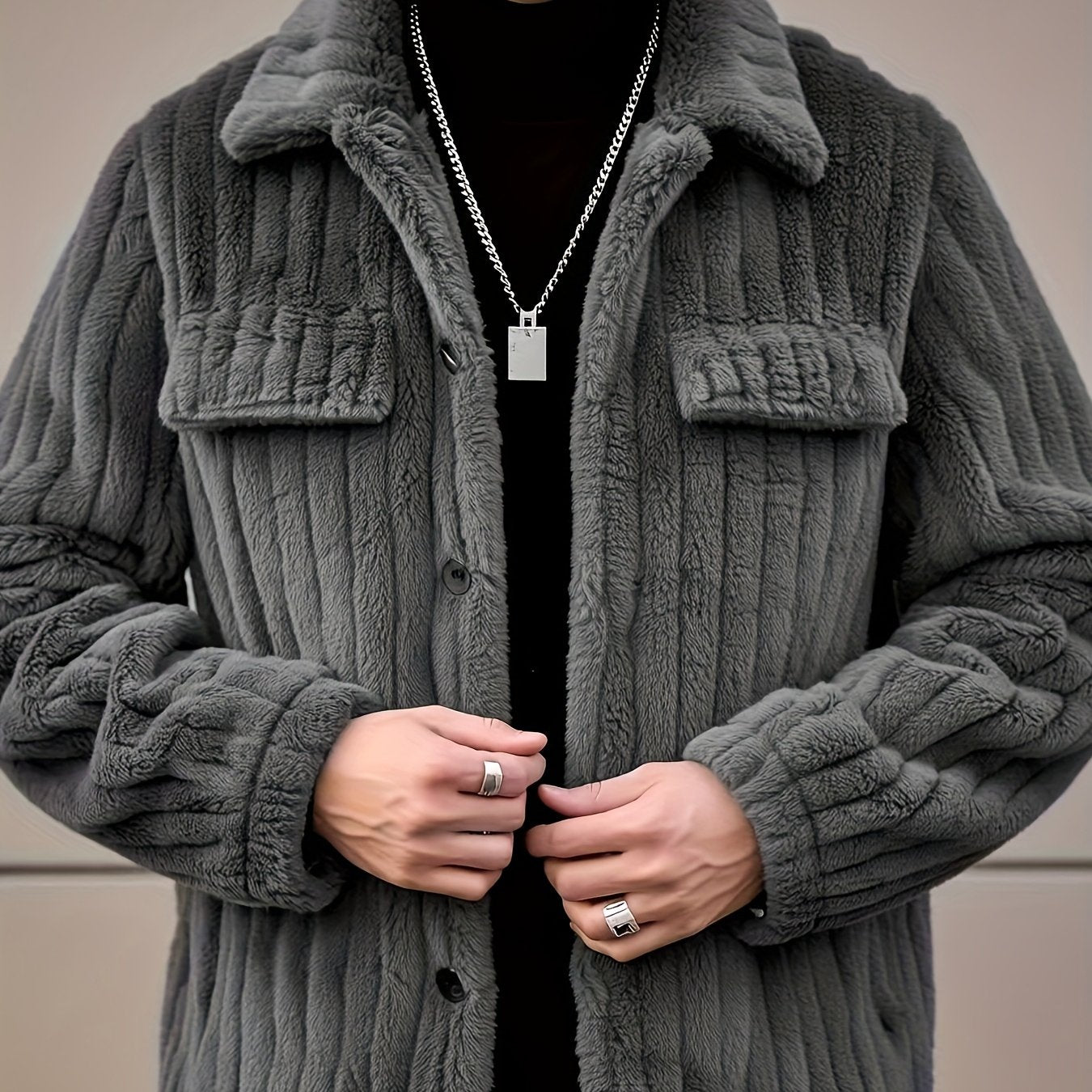 Men’s Plush Winter Coat – Grey Soft Collar Jacket with Single-Breasted Buttons