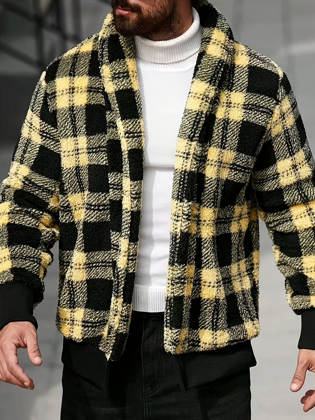 Men’s Plush Checkered Jacket – Black & Yellow Soft Thermal Fall/Winter Coat