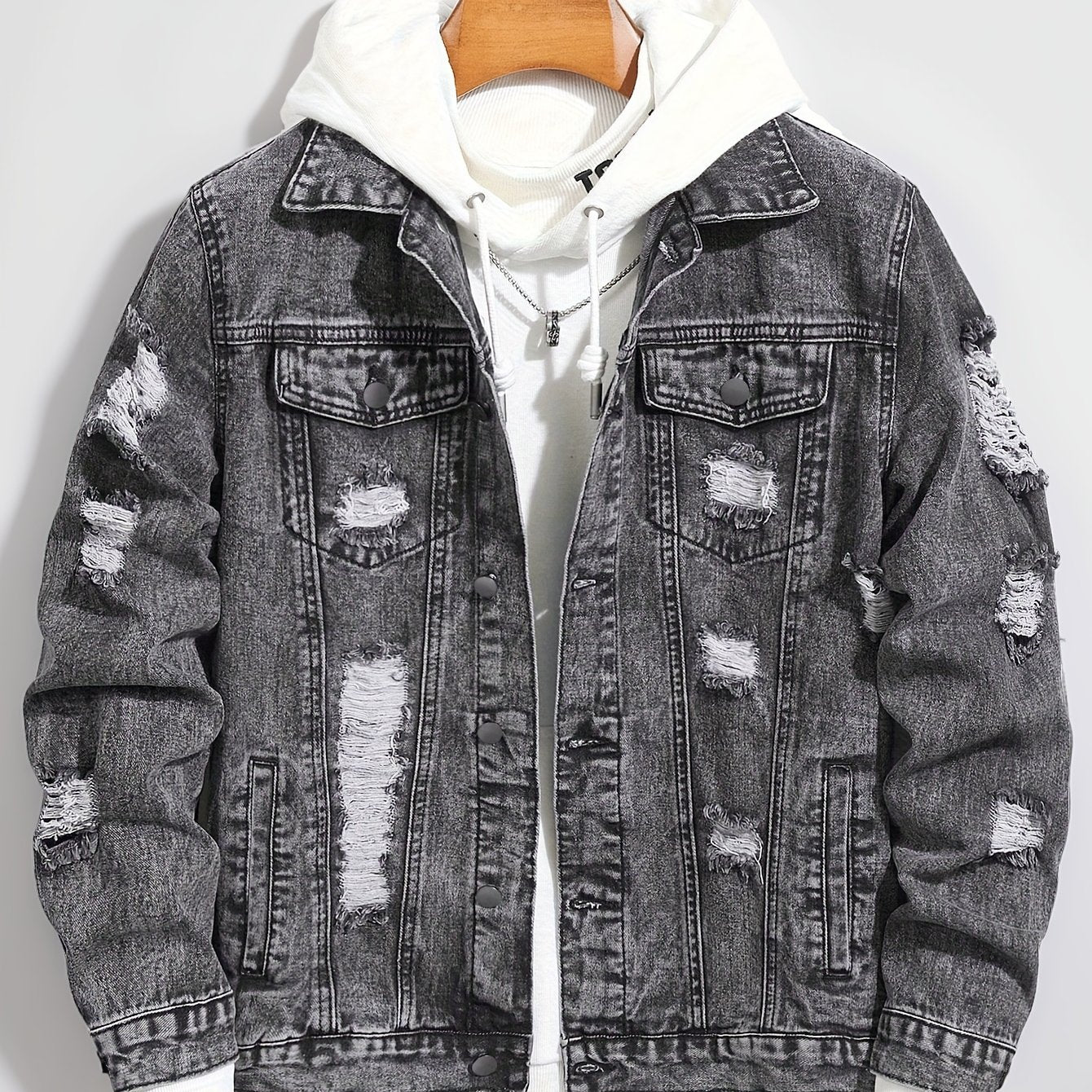 Men’s Distressed Slim-Fit Denim Jacket – Frayed Streetwear Workwear