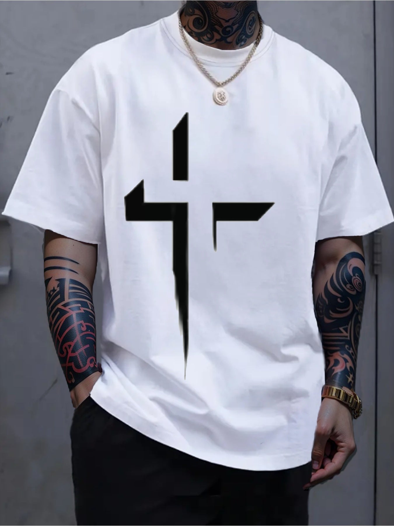 Men’s Black Heavyweight T-Shirt with White Cross Print – All-Season Cotton