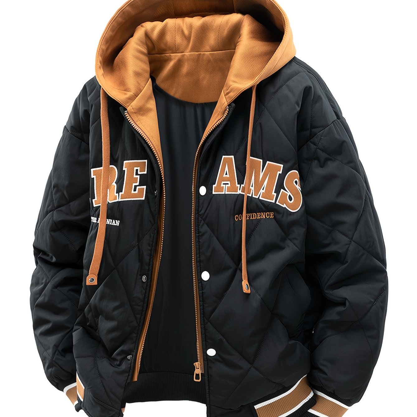Men’s Letter Embroidery Winter Hooded Jacket – 2025 Faux Two-Piece Street Coat